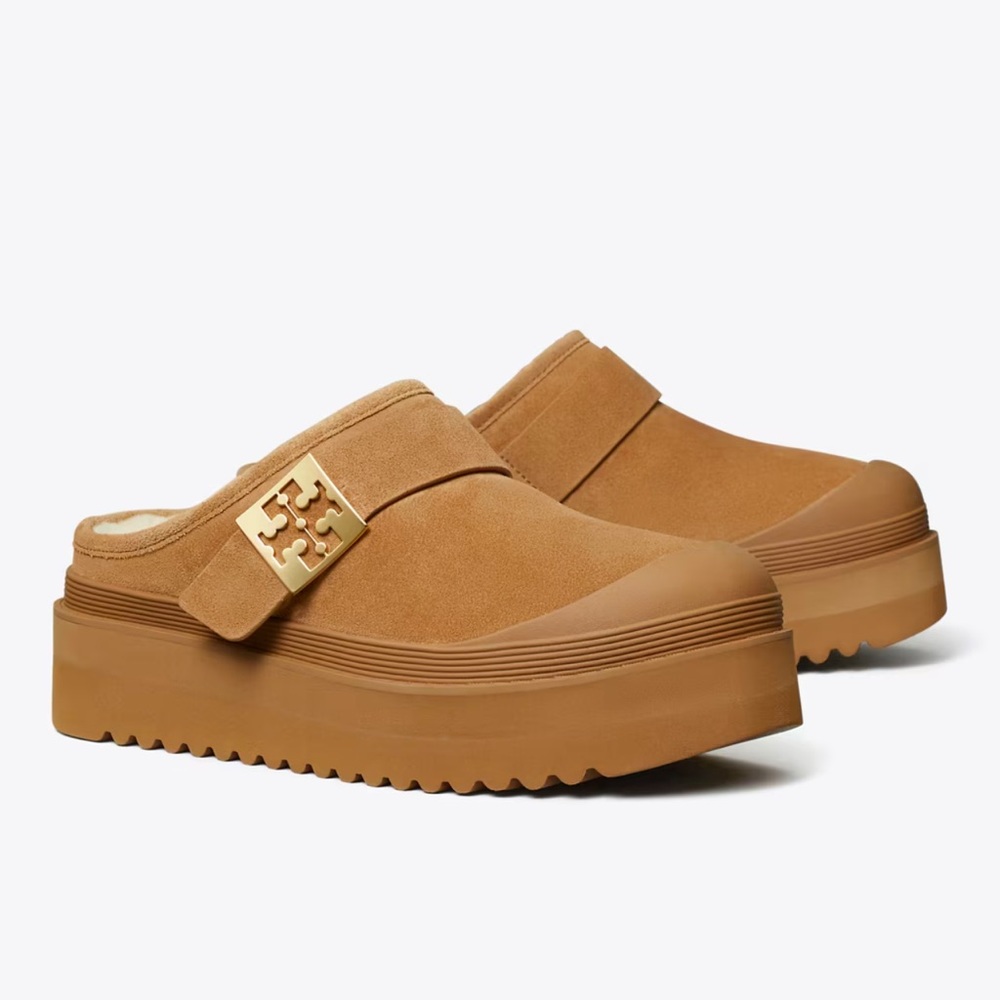 Tory Burch Mellow Platform Mules Light Chestnut & Gold Suede And Shearling